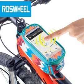 image of ROSWHEEL 4.8 INCH TOUCH SCREEN BICYCLE FRONT TUBE PHONE BAG HOLDER HANDLEBAR POUCH (AZURE) M