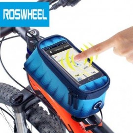 image of ROSWHEEL 4.8 INCH TOUCH SCREEN BICYCLE FRONT TUBE PHONE BAG HOLDER HANDLEBAR POUCH (DEEP BLUE) M