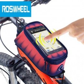 image of ROSWHEEL 4.8 INCH TOUCH SCREEN BICYCLE FRONT TUBE PHONE BAG HOLDER HANDLEBAR POUCH (BLUE AND PINK) M