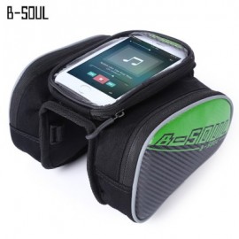 image of B - SOUL YA162 WATER RESISTANT OUTDOOR CYCLING MTB FRONT FRAME TUBE BAG WITH 5.5 INCH MOBILE PHONE CASE (GREEN)