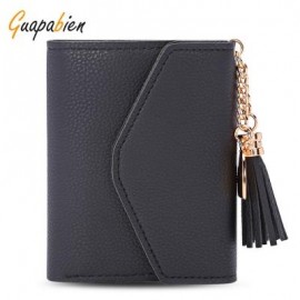 image of GUAPABIEN WOMEN FOLDABLE SHORT WALLET TASSEL CARD HOLDER (BLACK) -