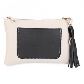image of TRENDY POCKET PATTERN DESIGN SPLICED COLOR BLOCK TASSEL PENDANT WOMEN MESSENGER CROSSBODY BAG (BEIGE AND BLACK) -