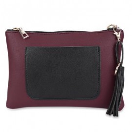 image of TRENDY POCKET PATTERN DESIGN SPLICED COLOR BLOCK TASSEL PENDANT WOMEN MESSENGER CROSSBODY BAG (RED WITH BLACK) -