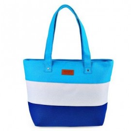 image of GUAPABIEN STRIPE LETTER PATCHWORK CANVAS ZIPPER PORTABLE BAG FOR WOMEN (BLUE) HORIZONTAL