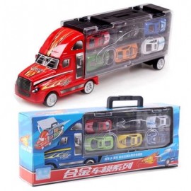 image of 1:30 SCALE DIECAST METAL ALLOY MODEL TOYS DIECAST METAL TRUCK HAULER WITH 12 SMALL CARS FOR CHILDREN GIFTS (RED) 0