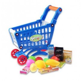 image of KIDS SUPERMARKET MINI SHOPPING CART WITH FULL GROCERY FOOD PLAY HOUSE TOY PLAYSET (BLUE) -