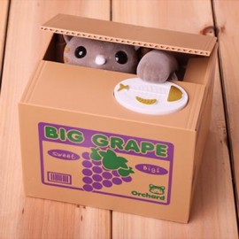 image of INNOVATIVE STEALING COIN CAT PIGGY BANK / MONEY POT BIRTHDAY GIFT (GRAY) 12.00 x 10.50 x 9.60 cm
