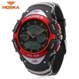 image of HOSKA HD014B DUAL MOVT CHILDREN SPORT QUARTZ DIGITAL WATCH LUMINOUS DAY CHRONOGRAPH DISPLAY 5ATM WRISTWATCH (RED) 0