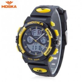 image of HOSKA HD005B DUAL MOVT CHILDREN SPORT QUARTZ WATCH WATER RESISTANCE CHRONOGRAPH DATE DISPLAY LED DIGITAL WRISTWATCH (YELLOW AND BLACK) 0