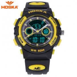 image of HOSKA HD006S MULTIFUNCTIONAL DUAL MOVEMENT CHILDREN SPORT WATCH STOPWATCH ALARM BACKLIGHT WEEK DISPLAY 50M WATER RESISTANCE LED WRISTWATCH (YELLOW AND BLACK) 0