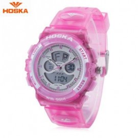 image of HOSKA HD005S DUAL MOVT CHILDREN SPORT QUARTZ WATCH WATER RESISTANCE CHRONOGRAPH DATE DISPLAY LED DIGITAL WRISTWATCH (PINK) 0