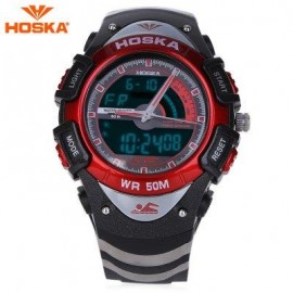 image of HOSKA HD011B DUAL MOVEMENT CHILDREN SPORT WATCH STOPWATCH CALENDAR ALARM BACKLIGHT 50M WATER RESISTANCE LED WRISTWATCH (RED WITH BLACK) 0