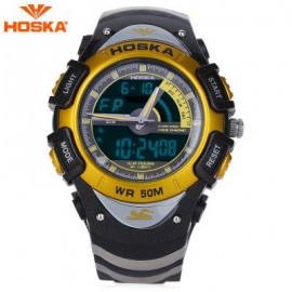 image of HOSKA HD011B DUAL MOVEMENT CHILDREN SPORT WATCH STOPWATCH CALENDAR ALARM BACKLIGHT 50M WATER RESISTANCE LED WRISTWATCH (BLACK AND GOLDEN) 0