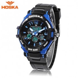 image of HOSKA HD028S CHILDREN DUAL MOVT WATCH CALENDAR 5ATM 24 HOUR DISPLAY LED DIGITAL WRISTWATCH (BLUE AND BLACK) 0