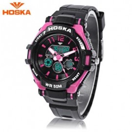 image of HOSKA HD028S CHILDREN DUAL MOVT WATCH CALENDAR 5ATM 24 HOUR DISPLAY LED DIGITAL WRISTWATCH (BLACK AND PURPLE) 0
