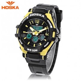 image of HOSKA HD028S CHILDREN DUAL MOVT WATCH CALENDAR 5ATM 24 HOUR DISPLAY LED DIGITAL WRISTWATCH (YELLOW AND BLACK) 0