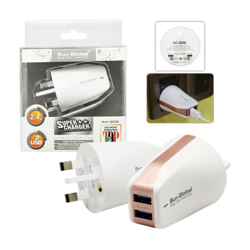 SGT09 SUN GLOBAL SUPER CHARGER + DUAL USB PORTS 2.4A SGT09 SUN GLOBAL SUPER CHARGER + DUAL USB PORTS 2.4A