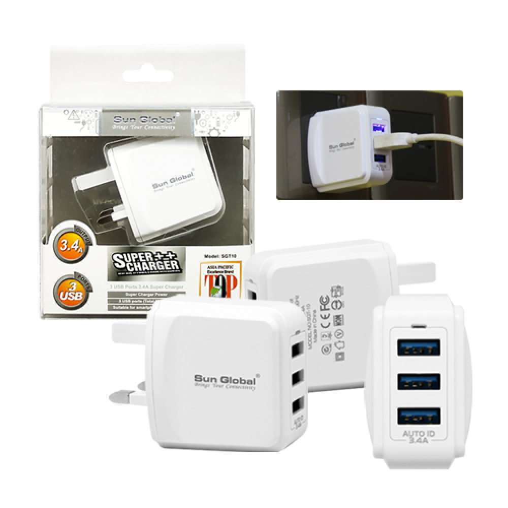 SGT10 SUN GLOBAL SUPER CHARGER 3 USB PORT 3.4A OUTPUT SGT10 SUN GLOBAL SUPER CHARGER 3 USB PORT 3.4A OUTPUT