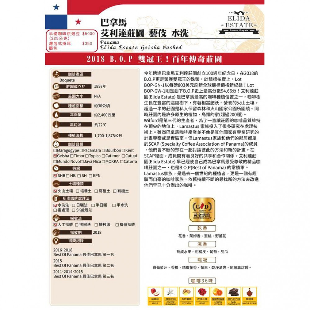 巴拿馬艾利達莊園藝伎水洗(半磅) 巴拿馬艾利達莊園藝伎水洗(半磅)