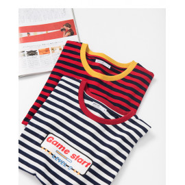 image of 撞色領條紋趣味遊戲印花短T 兩色售 Contrast Collar Striped Fun Game Print Short T Two Colors