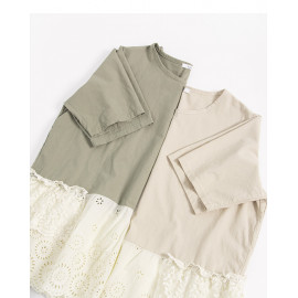 image of 下擺剪接蕾絲花邊棉麻上衣 兩色售 Bottom Cut Lace Lace Cotton Shirt Two Colors