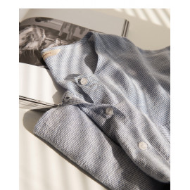 image of 配色條紋雙口袋長袖棉麻上衣 Color Stripe Double Pocket Long Sleeve Cotton Top