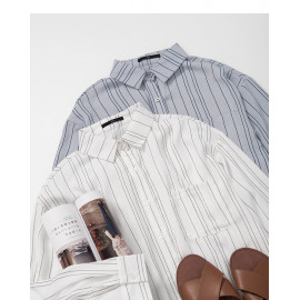 image of 單口袋條紋雪紡襯衫 兩色售 Single Pocket Striped Chiffon Shirt Two-Colors