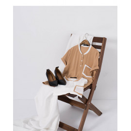 image of 撞色雙口袋造型拼色雪紡上衣 兩色售 Contrast Color Double Pocket Shape Color Matching Chiffon Shirt Two Colors