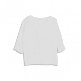 image of V領小花縷空七分棉麻上衣 V-Neck Small Flower Hollow Seven-Point Cotton And Linen Top