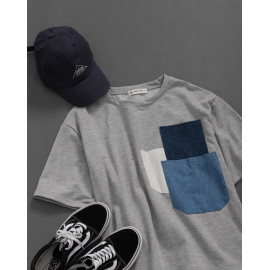 image of 女裝 異材質牛仔多口袋拼接短袖上衣 Women's Denim Multi-Pocket Stitching Short-Sleeved Top
