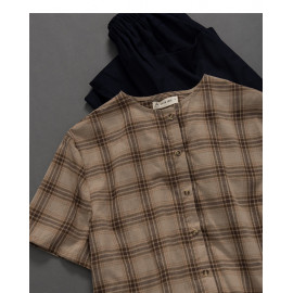 image of 女裝 親子系列格紋棉麻短袖上衣 Women's Family Series Checked Cotton Short Sleeve Top