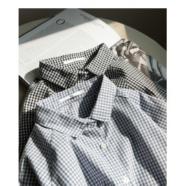 image of 滿版小格子雙口袋棉麻襯衫 兩色售 Full Version Of Small Lattice Double Pocket Cotton Shirt Two-Colors