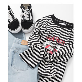 image of 查理‧布朗兄妹黑白條紋人物長袖T恤 Charlie Brown Brothers Black and White Striped Character Sleeve T-Shirt