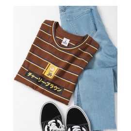 image of 查理‧布朗日文字撞色條紋T恤 Charlie Brown's Text Contrast Striped T-Shirt