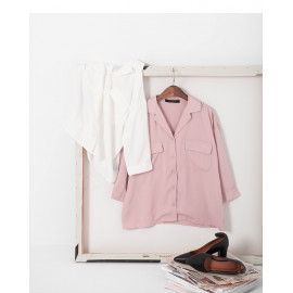 image of 雙口袋七分袖雪紡襯衫 兩色售 Double Pocket Cropped Sleeve Chiffon Shirt Two-Colors