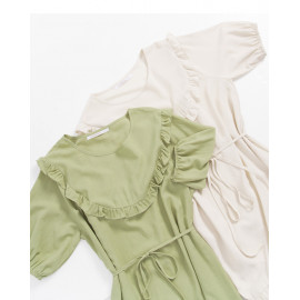 image of 簡約素色荷葉造型長洋裝附腰帶 兩色售 Simple Plain Lotus Leaf Shape Long Dress With Belt Two Colors