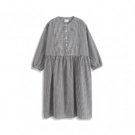 image of 黑白拚格組合中山領長袖棉麻洋裝 Black And White Combination Lattice Zhongshan Collar Long-Sleeved Cotton And Linen Dress