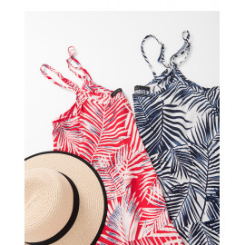 image of 熱帶椰子葉印花細帶帶洋裝 兩色售 Tropical Coconut Leaf Print Ribbon With Two Colors