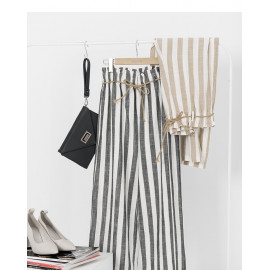 image of 配色條紋腰綁帶棉麻長褲 兩色售 Color Stripe Waistband Cotton And Linen Trousers Two Colors
