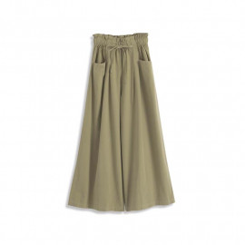 image of 休閒素色荷葉腰造型抽繩寬褲 Casual Plain Lotus Leaf Waist Drawstring Wide Pants