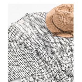 image of 抽繩設計小格紋雪紡罩衫 Drawstring Design Small Plaid Chiffon Blouse