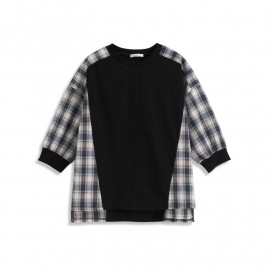 image of 圓領肩袖拼接格紋造型上衣 Round Neck Shoulder Sleeves Plaid Blouse