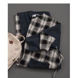 image of 女裝 親子系列撞色格紋腰綁帶棉麻洋裝 Women's Family Series Contrast Plaid Bandage Cotton And Linen Dress