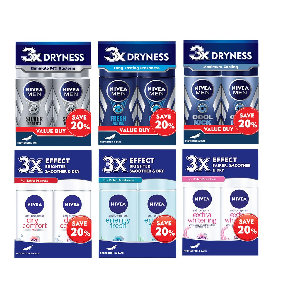 image of Nivea 50ml Twin Pack (2pcs) Cool Kick, Dry Comfort, Whitening, Energy Fresh