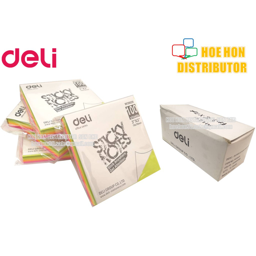 image of Deli Fluorescent Adhesive Memo Sticky Note 3" X 3" 100 Sheet Nota Melekit W39829