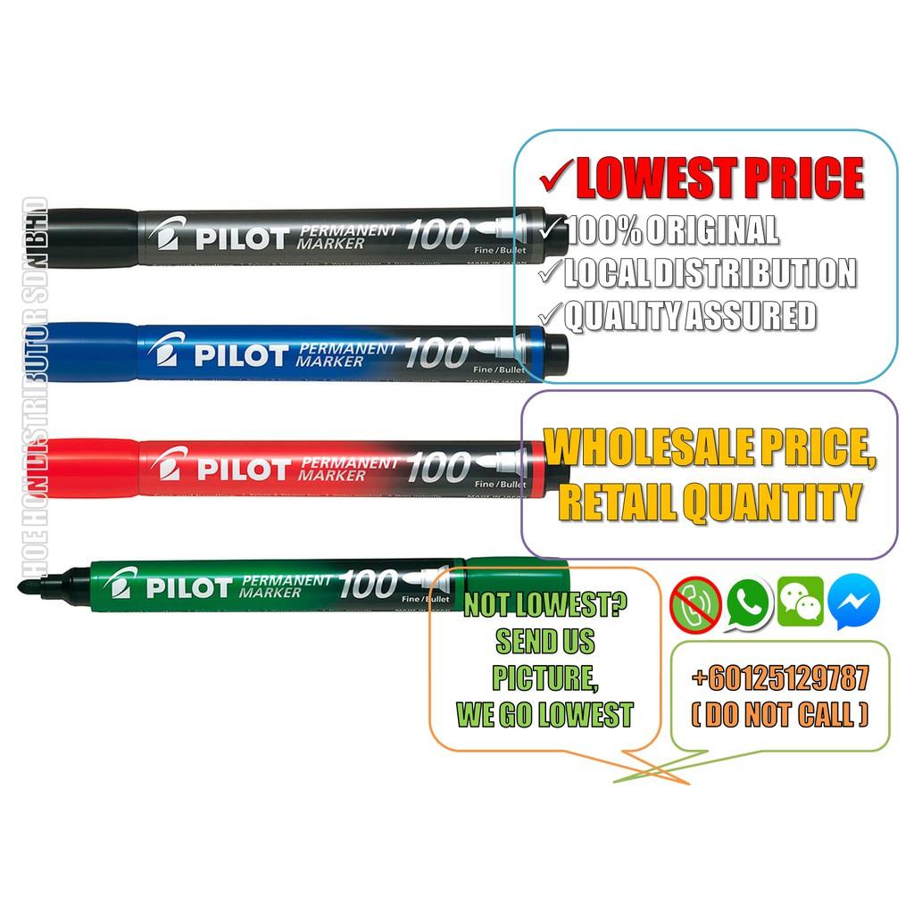 Pilot Permanent Marker 100 Black, Blue, Red, Green Pilot Permanent Marker 100 Black, Blue, Red, Green