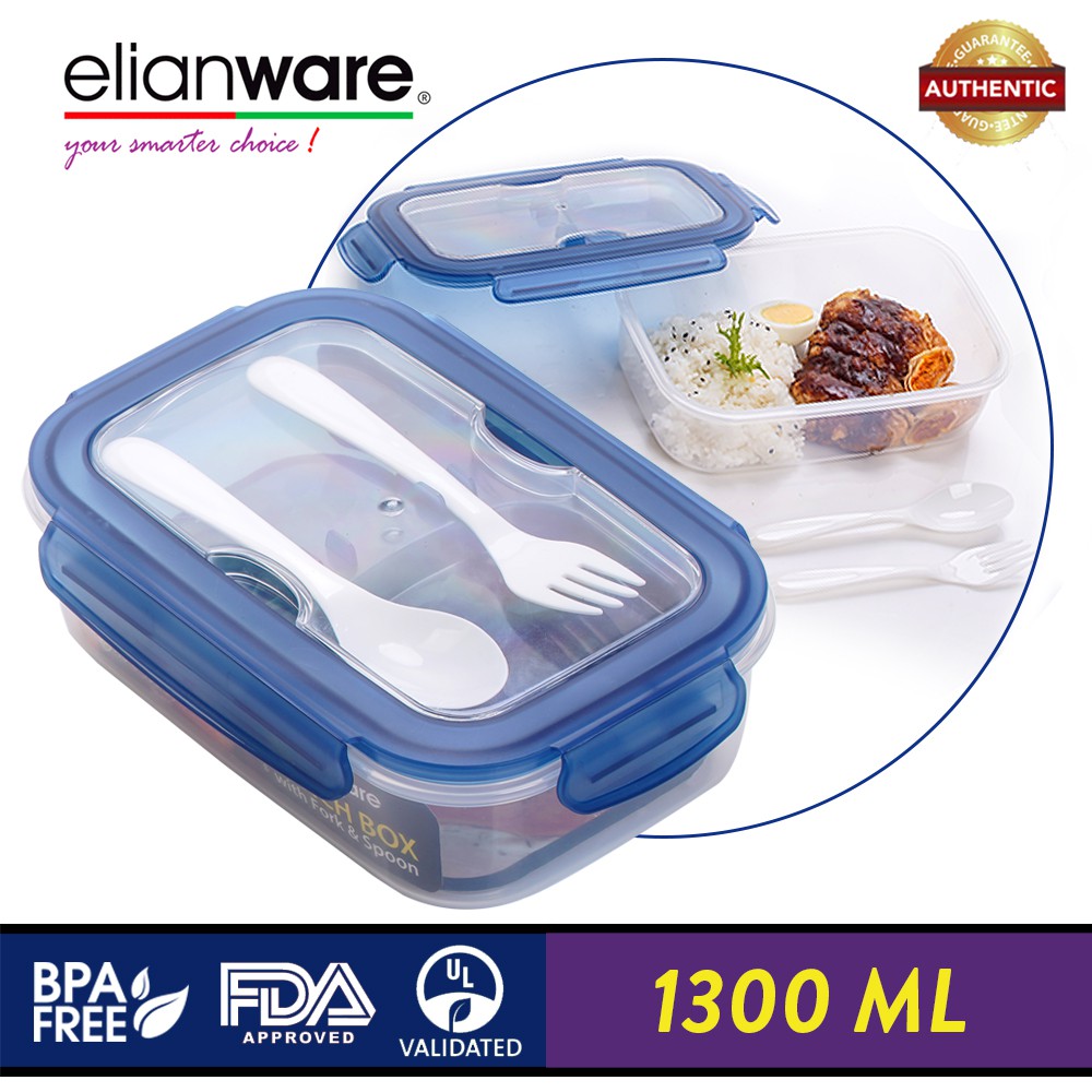 Elianware Ezy-Lock Acrylic Microwavable (1.3L) Lunch Box Food Container with Fork & Spoon