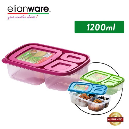 Elianware 1.2L 3 Compartment Divided Lunch Box Food Container Microwavable
