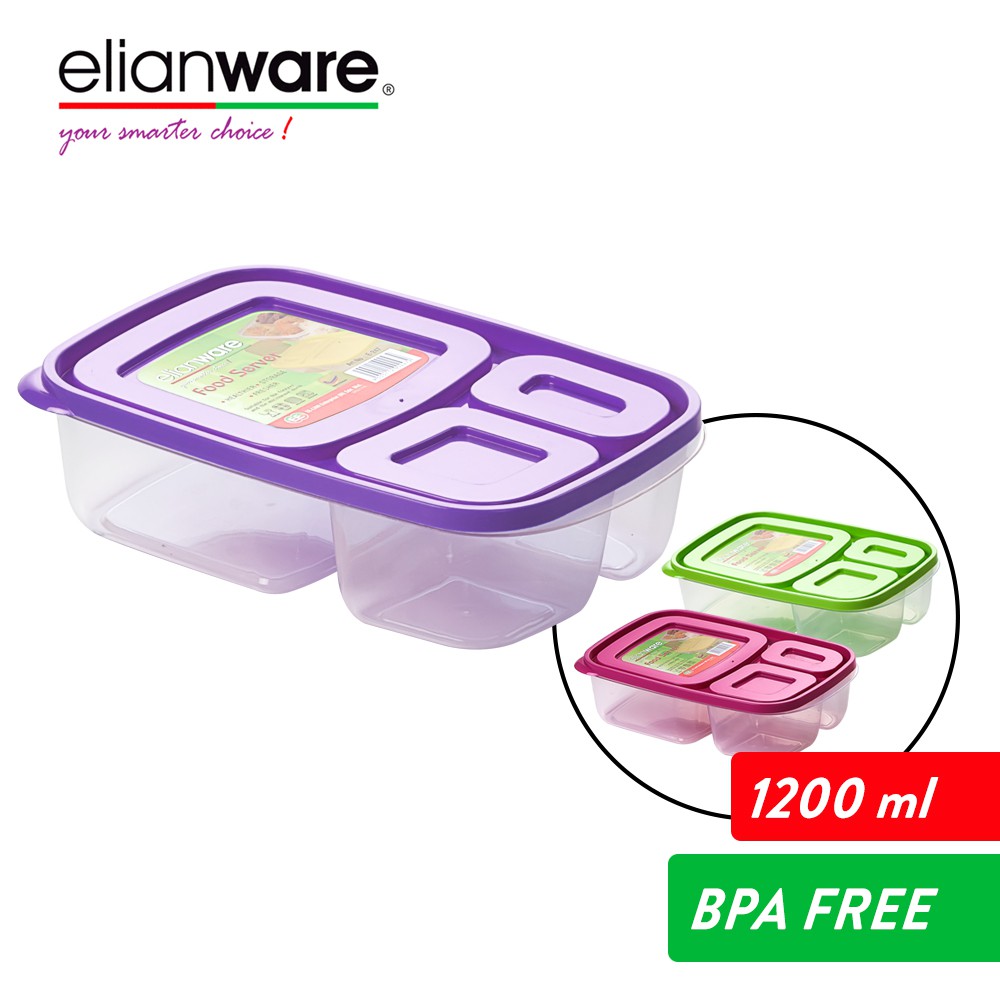 Elianware 1.2L 3 Compartment Divided Lunch Box Food Container Microwavable