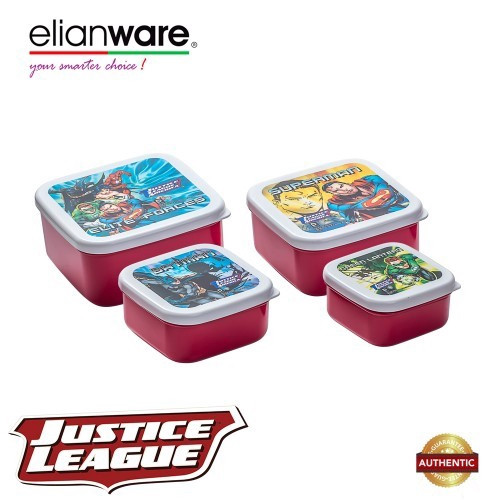 Elianware DC Justice League 4 Pcs BPA Free Square Multipurpose Airtight Food Container Set